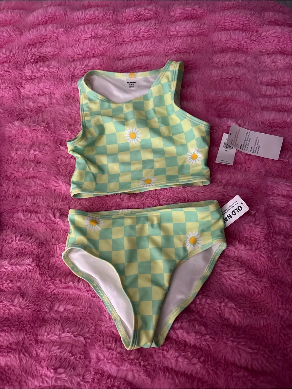 Old Navy Green and Yellow Check Daisy Tankini Set